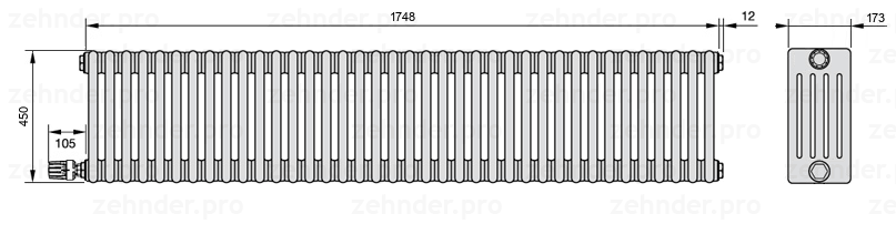 Схема (чертеж) Радиатор Zehnder Charleston 5045/38 №V004 Белый глянцевый RAL 9016